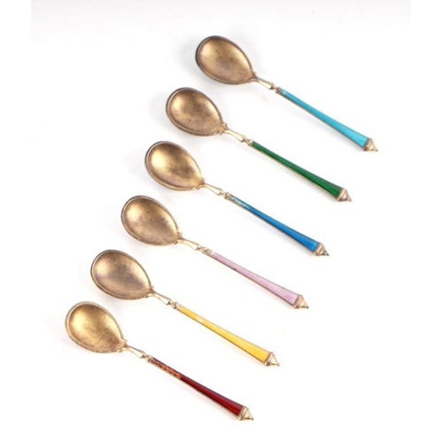 552 - A set of six silver gilt and guilloche enamel caviar spoons by Marius Hammer, Bergen (1847-1927), ca... 