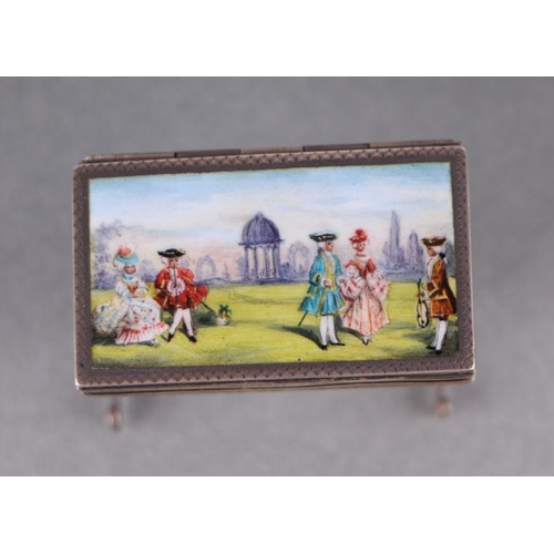 589 - An Edwardian miniature silver & enamel box modelled as an occasional table on turned supports joined... 