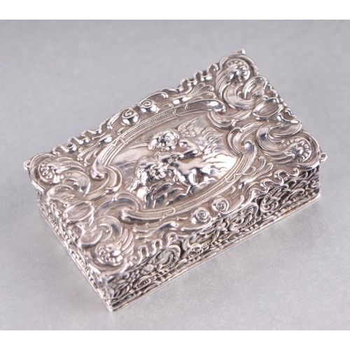 613 - A Victorian style silver snuff box decorated with cherubs and foliate scrolls, London 1970, 6cms wid... 