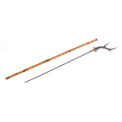 75 - A bamboo shafted sword stick with a stag horn handle and having a 61.5cms (24.25ins) square section ... 