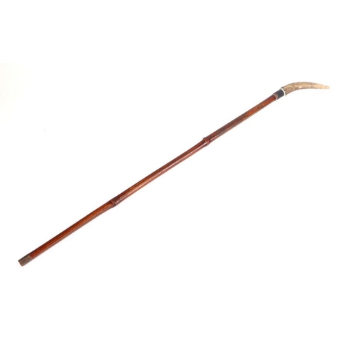 76 - A cane shafted sword stick with a stag horn handle and having a 56cms (22ins) square section blade, ... 