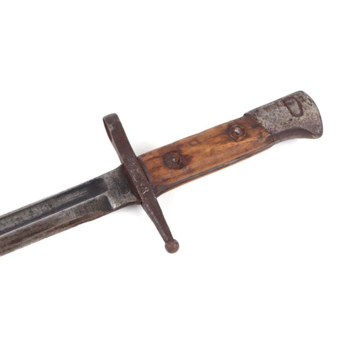 84 - A WW1 trench knife made from a cut down Italian model 1891 knife bayonet in its leather scabbard wit... 