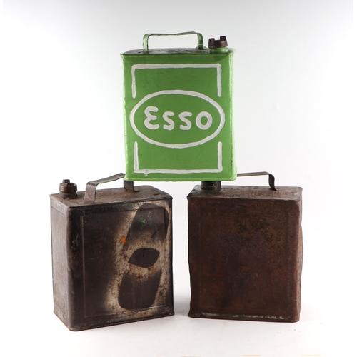 88 - Three two-gallon petrol cans for Esso and War Department 1939 and 1953, all with correct brass caps ... 