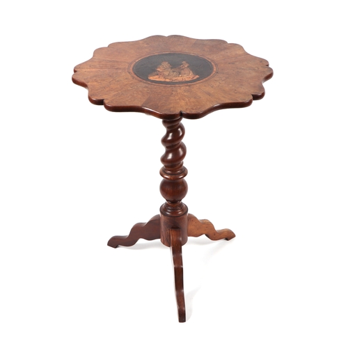 997 - A 19th century Italian Sorrento ware olive wood snap top table, the shaped top with inlaid figural r... 