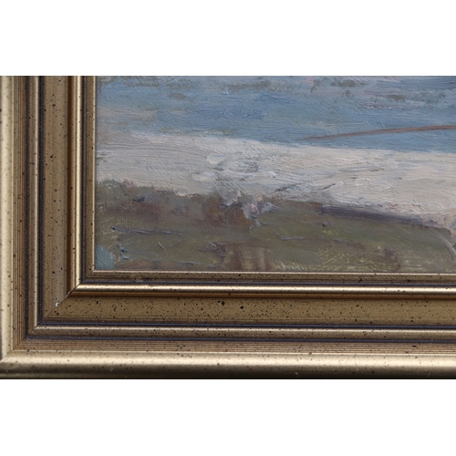 336 - Oliver Ommanney (b1954) - Lyme harbour - signed & titled to verso, oil on board, 19 by 9cms.