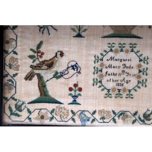 122 - A William IV sampler with alphabet, numbers, verse, birds and flowers by 'Margaret Dodds In The 11th... 