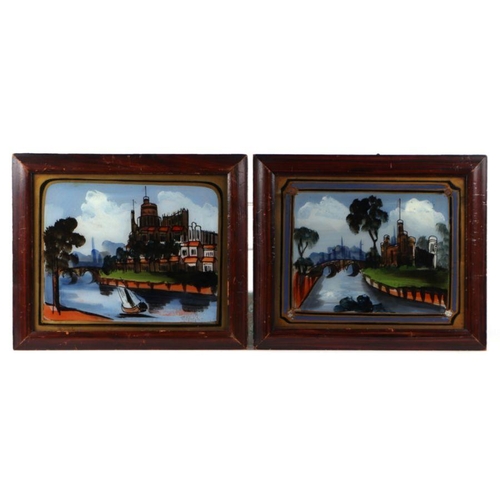 168 - A pair of continental reverse paintings on glass depicting river scenes, framed, each 27 by 22cms (2... 