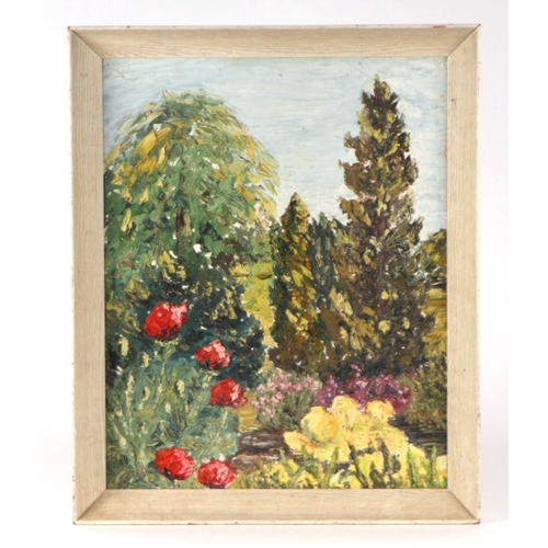 171 - 20th century British school - Flowering Summer Garden - oil on board, framed, 40 by 51cms.