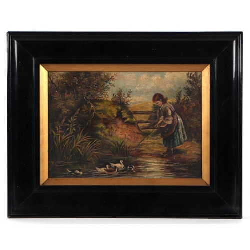 172 - Victorian school - Young Girl by a Pond with Ducks - oil on canvas, framed, 25 by 17cms