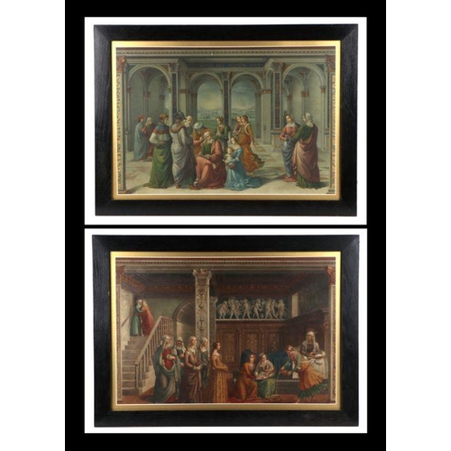 174 - After Botticelli - a pair of coloured prints depicting figures in medieval dress, framed & glaze... 