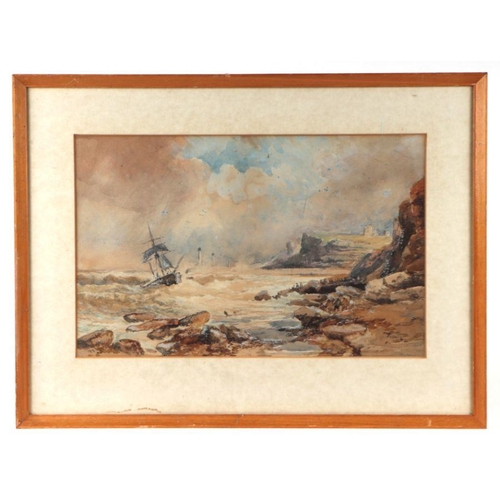 176 - R E Roe - Ship in Distress in Rough Seas - signed lower left, watercolour, framed & glazed, 43 b... 