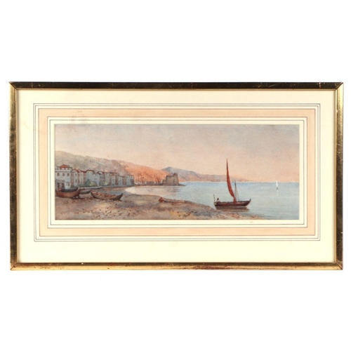 181 - Continental school - Coastal Scene with Central Fishing Boat - watercolour, framed & glazed, 34 ... 