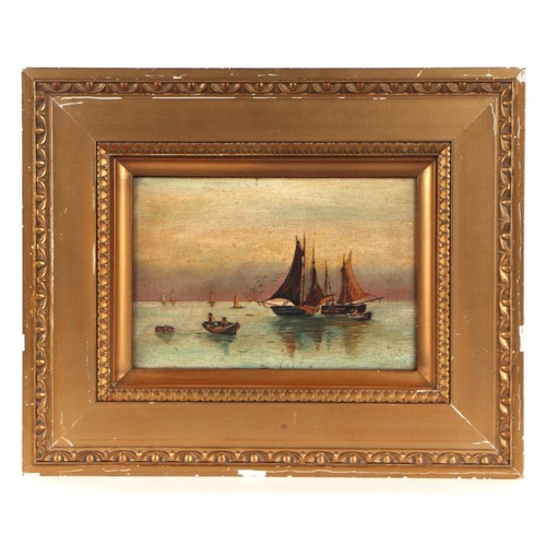 186 - Victorian school - Fishing Boats on a Calm Sea - oil on canvas, framed, 22 by 15cms.