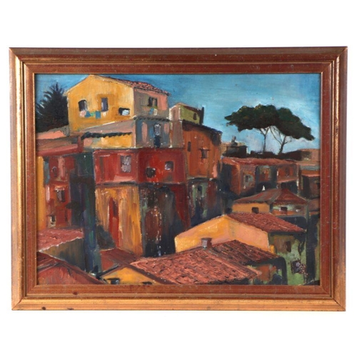 189 - Dinah Read - Continental Village Scene - oil on board, framed, 40 by 30cms.