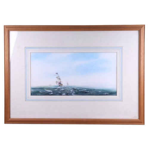 222 - M Harvey (modern British) - Seascape with Man-O-War Battleships in the Distance - monogrammed lower ... 