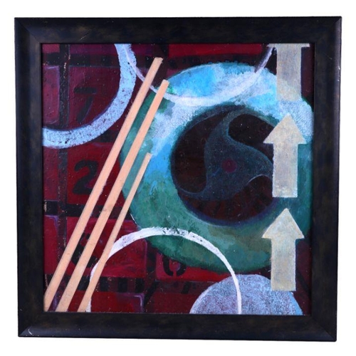 224 - Modern British - Abstract of Arrows & Circles - oil on board, 49 by 49cms, framed.