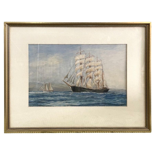 236 - W G Kingswell - Seascape with Three Mast Sailing Ship Golden Gate - watercolour heightened with body... 