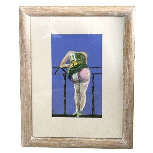 246 - Modern British - Portrait of a Lady Leaning Against a Fence Revealing her Bottom - mixed media, 12 b... 