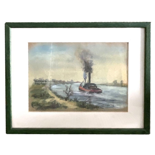 247 - W Frankey (?) - River Scene with a Tug Boat - pastel, signed lower right, 21 by 17cms, framed & ... 