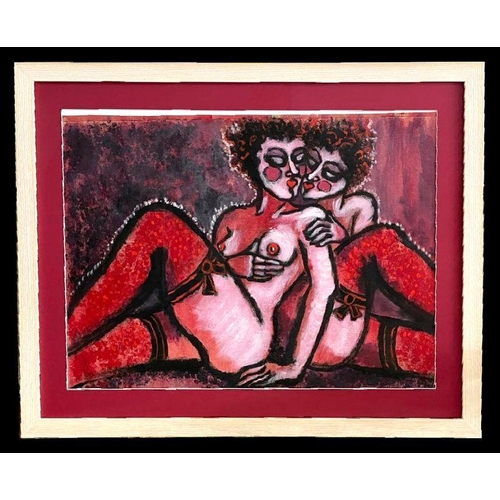 252 - Carmen Tyrell (modern British) - Embracing Female Couple Wearing Stockings - acrylic on paper, 68 by... 