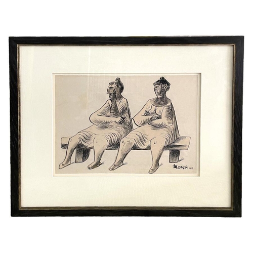 260 - Marek Żuławski (Polish 1908-1985) - Two Figures Sat on a Bench - pen& ink and watercolour wash, sign... 