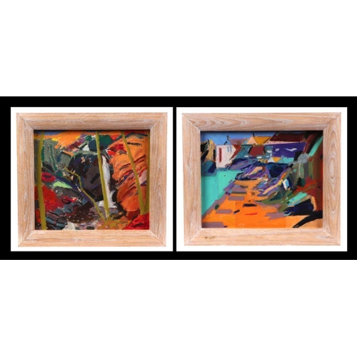 271 - Contemporary British school - a pair of abstract street scenes, mixed media, each 28 by 23cms, both ... 