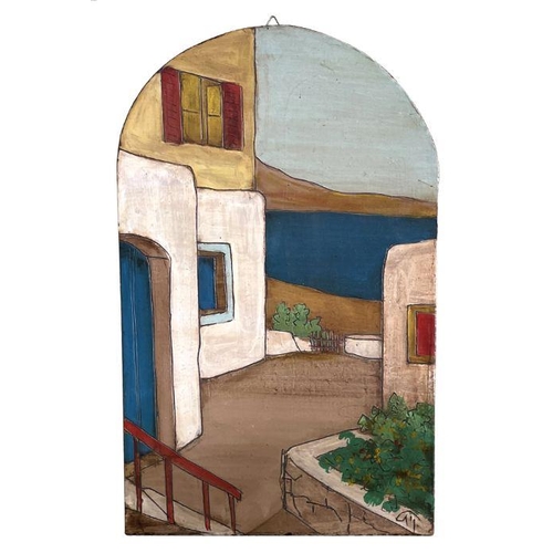 280 - Contemporary continental school - an arched panel depicting a Mediterranean street scene, oil, initi... 