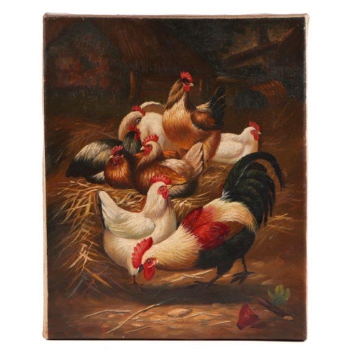 289 - 20th century school - Chickens in a Farmyard - oil on canvas, unframed, 20 by 25cms.