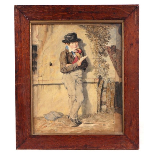 290 - 19th century school - Young Boy Leaning Against a Wall Reading a Note - watercolour, framed & glazed... 