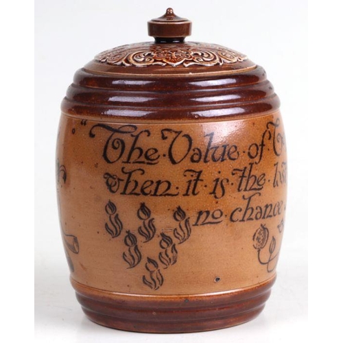 349 - A Royal Doulton stoneware tobacco jar decorated with a motto 'The Value of Tobacco is Best Understoo... 