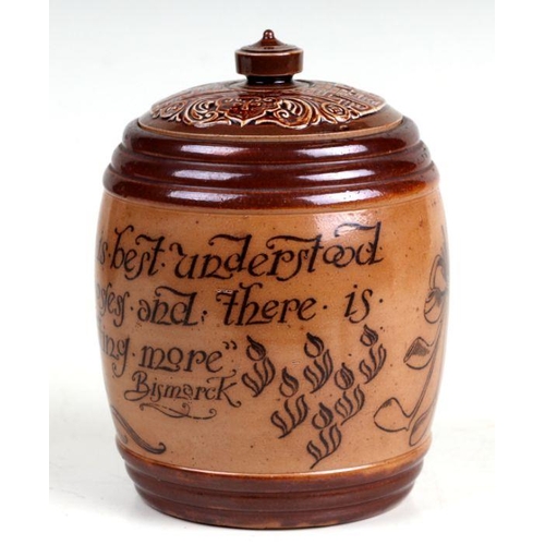 349 - A Royal Doulton stoneware tobacco jar decorated with a motto 'The Value of Tobacco is Best Understoo... 