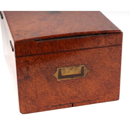 398 - A Victorian burr wood box with inset brass handles, 36cms wide.