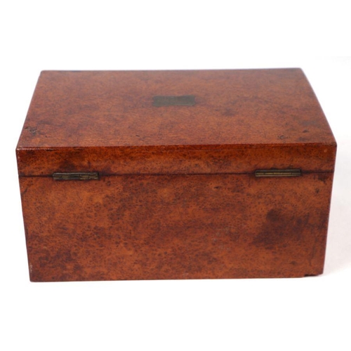 398 - A Victorian burr wood box with inset brass handles, 36cms wide.