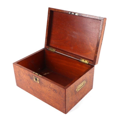 398 - A Victorian burr wood box with inset brass handles, 36cms wide.