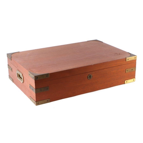 401 - A brass bound coin collector's box with two sectioned lift-out trays, 55cms wide.