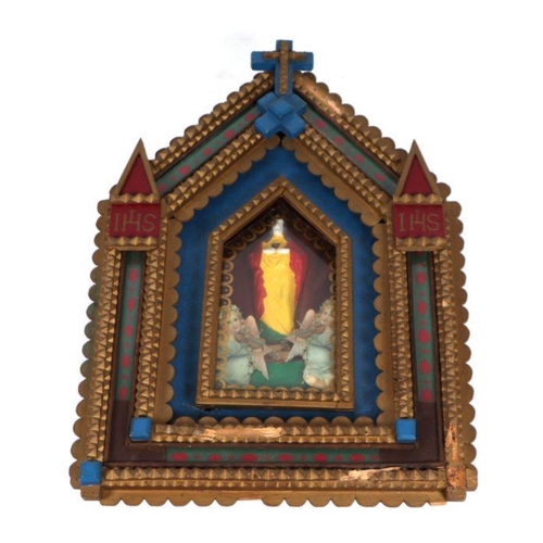 410 - A Tramp work giltwood Icon, 49 by 70cms overall.