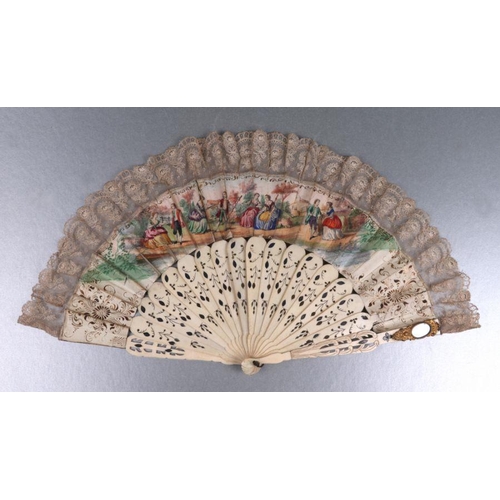 431 - A mid 18th century tortoiseshell fan, hand painted with figures within a landscape; together with a ... 