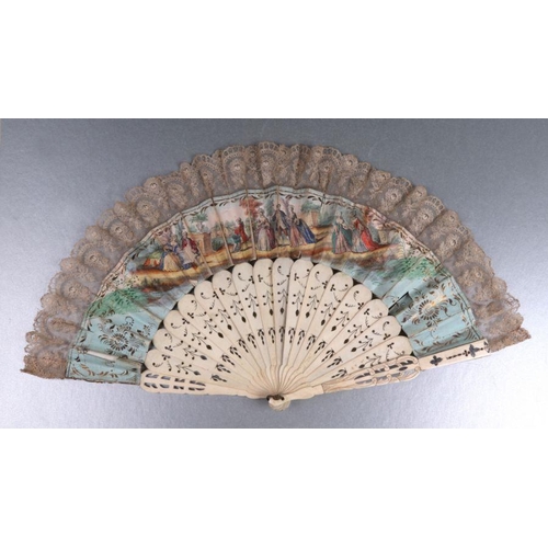 431 - A mid 18th century tortoiseshell fan, hand painted with figures within a landscape; together with a ... 