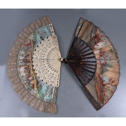 431 - A mid 18th century tortoiseshell fan, hand painted with figures within a landscape; together with a ... 