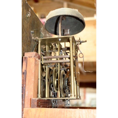 457 - An oak cased longcase clock, the 30cms square brass dial with silvered chapter ring, Roman and Arabi... 