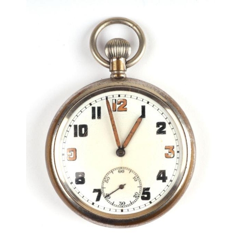 465 - A military open faced pocket watch, marked Bravingtons GSTP M38796 and broad arrow mark, 5cms diamet... 