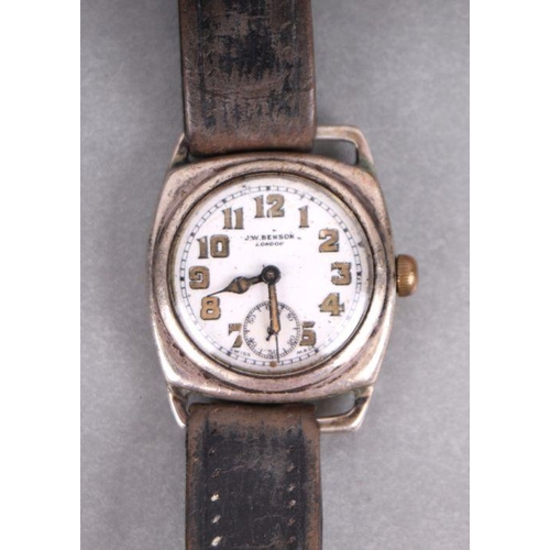 471 - A JW Benson silver cushion shaped gentleman's wristwatch, the white enamel dial with illuminous Arab... 