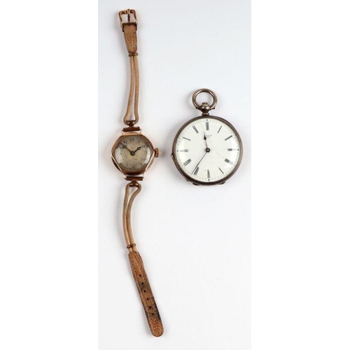 474 - A ladies 9ct gold cased wristwatch; together with a silver cased open faced pocket watch (2).