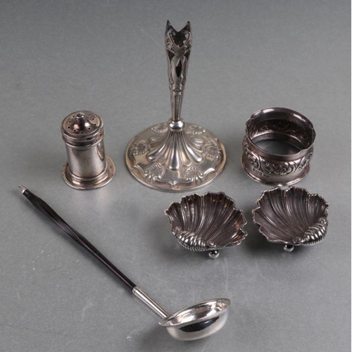 492 - An Elizabeth Morley silver toddy ladle, London 1812; together with a silver epergne base; a silver p... 