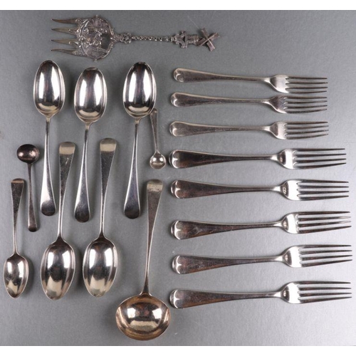 502 - A set of six Old English pattern silver dinner forks, Sheffield 1939, 430g; together with other simi... 