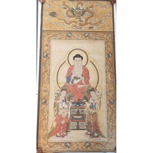 621 - A Sino Tibetan Chinese scroll painting depicting the Three saints of the west, in the middle is Shak... 