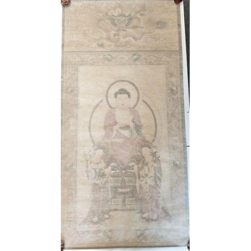 621 - A Sino Tibetan Chinese scroll painting depicting the Three saints of the west, in the middle is Shak... 