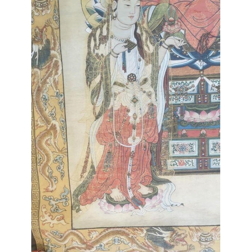 621 - A Sino Tibetan Chinese scroll painting depicting the Three saints of the west, in the middle is Shak... 