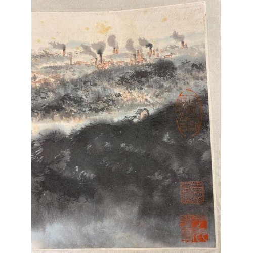 622 - A Chinese ink and watercolour landscape on paper scroll attributed to Fu Baoshi. Purportedly part of... 