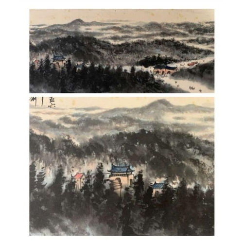 622 - A Chinese ink and watercolour landscape on paper scroll attributed to Fu Baoshi. Purportedly part of... 